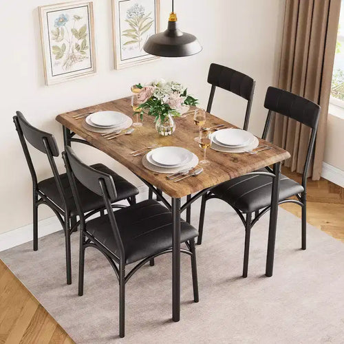 5 Piece Rectangular Dining Table Set for 4 People, Metal and Wood Table with 4 Padded Upholstered Chairs, Kitchen and Dining Room, Rustic Brown