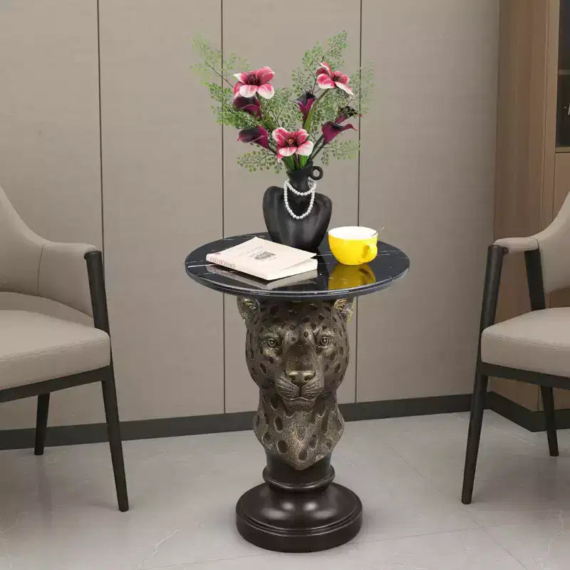 Table d'appoint Tête de Léopard, Table Basse Statue Animale pour Décoration de Salon