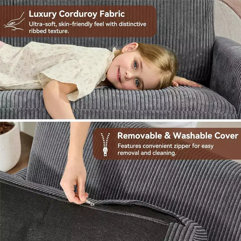 Canapé 2 places en velours côtelé Dyonery 68 avec coussins à ressorts, cadre en bois massif, assise profonde pour salon et chambre