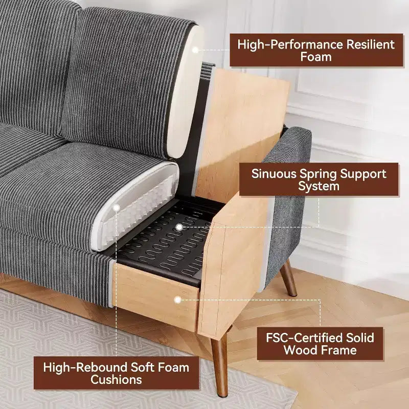 Canapé 2 places en velours côtelé Dyonery 68 avec coussins à ressorts, cadre en bois massif, assise profonde pour salon et chambre