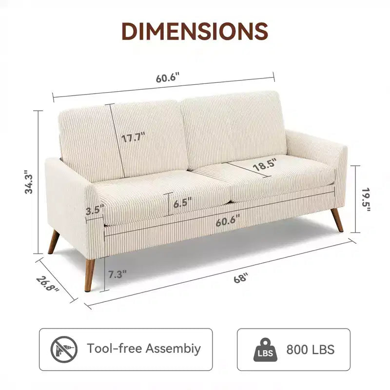Canapé 2 places en velours côtelé Dyonery 68 avec coussins à ressorts, cadre en bois massif, assise profonde pour salon et chambre