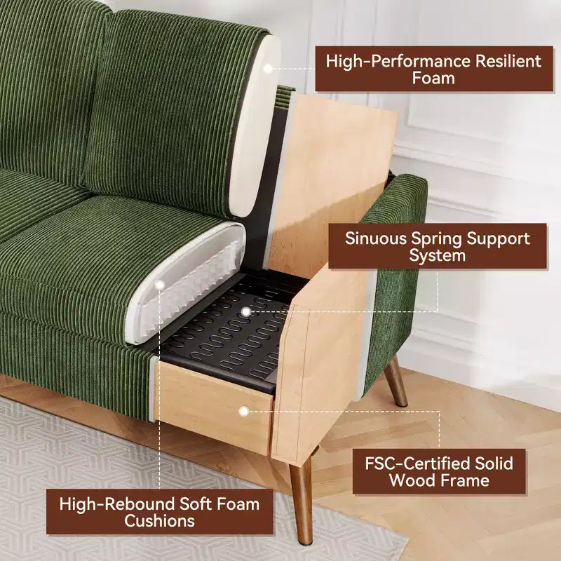 Canapé 2 places en velours côtelé Dyonery 68 avec coussins à ressorts, cadre en bois massif, assise profonde pour salon et chambre