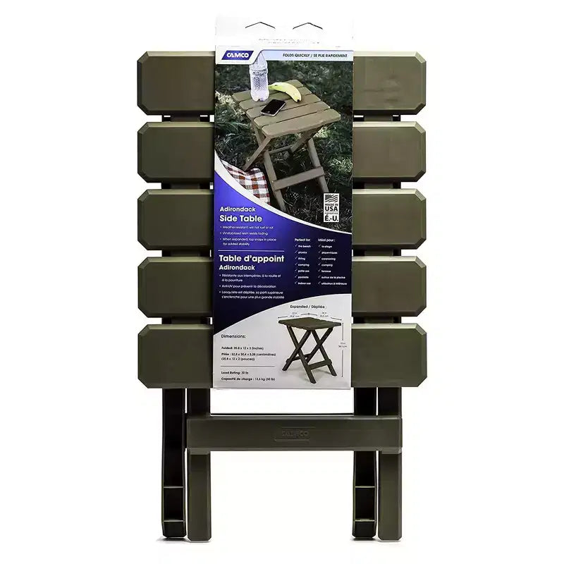 Camco Table d'appoint pliante portable Adirondack, petite, pour camping, résistante aux intempéries, antirouille, en plastique durable, pour utilisation intérieure et extérieure, coloris sauge