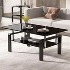 Table basse en verre trempé noir, table de salon moderne à 2 niveaux