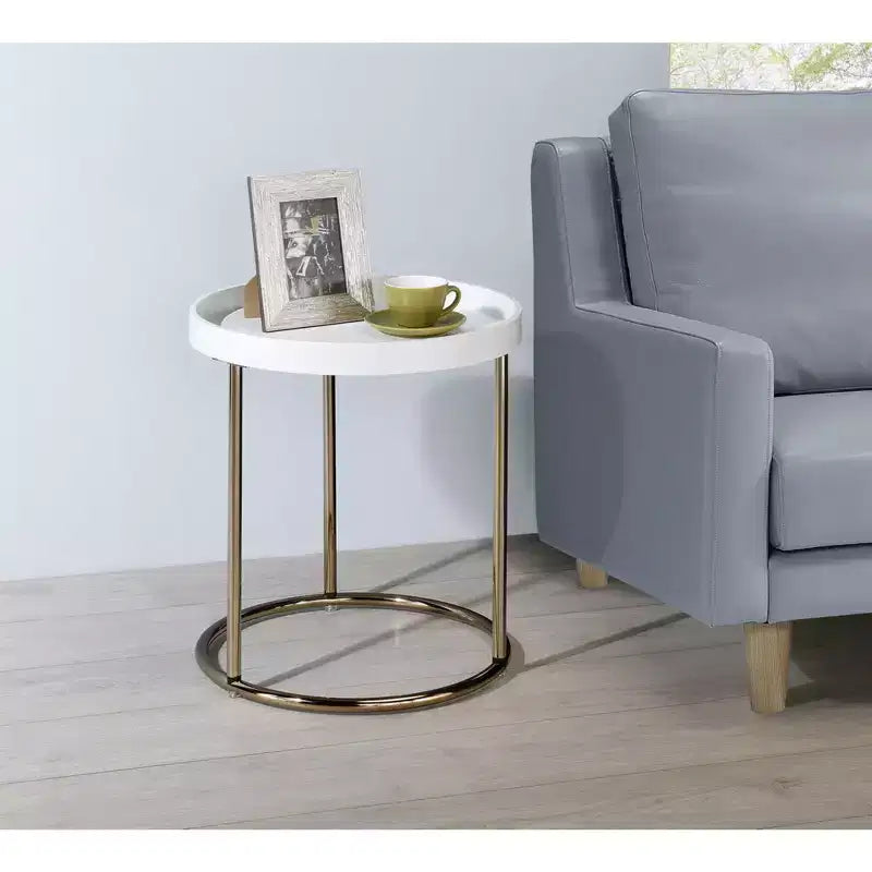 GDFStudio Bebi Modern Wooden and Metal Lipped Edge Round Side Table with Acrylic Side Panel