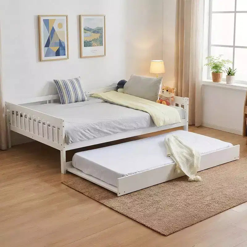 Karl Home White Full Size Wood Bed with Trundle, Light Strip, Charging Station and Guardrail