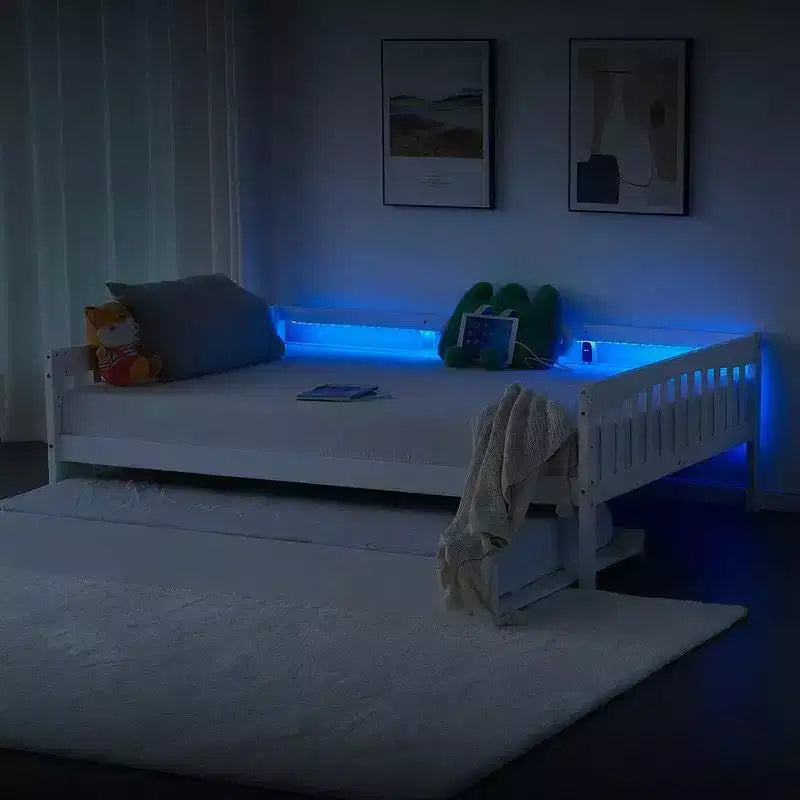 Lit en bois blanc pleine taille Karl Home avec lit gigogne, bande lumineuse, station de recharge et barrière de sécurité