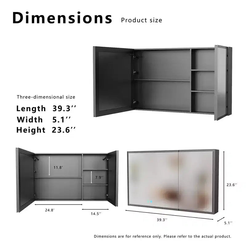 FAMYYT Armoire à pharmacie en aluminium de 99 cm L x 61 cm H avec miroir et éclairage, antibuée, facile à installer