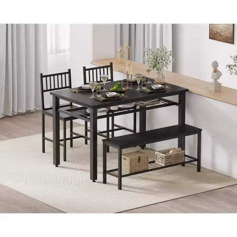 Ensemble table et chaises de cuisine de ferme, table de salle à manger 47" avec banc et chaises, cadre en métal, conception peu encombrante (noir)