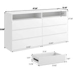Commode double Dyonery à 6 tiroirs avec prise de courant et lumières LED, grand coffre de rangement avec étagères ouvertes, noir