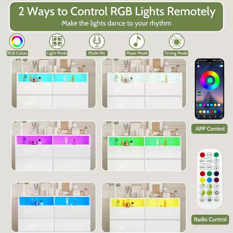 Commode double Dyonery à 6 tiroirs avec prise de courant et lumières LED, grand coffre de rangement avec étagères ouvertes, noir