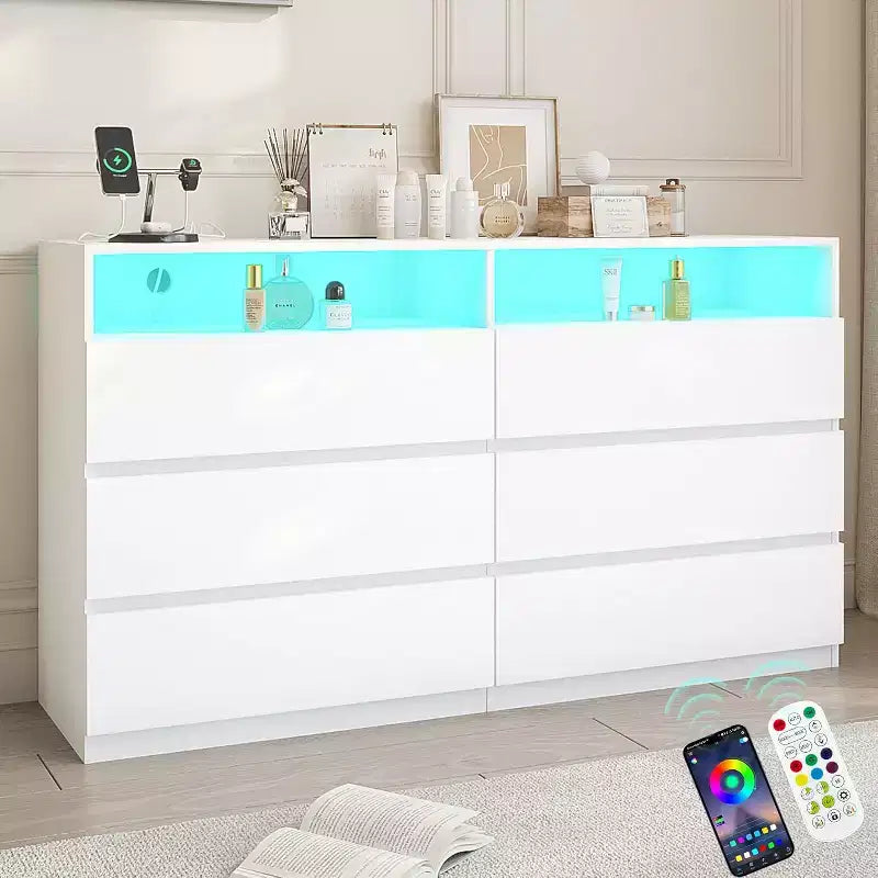 Commode double Dyonery à 6 tiroirs avec prise de courant et lumières LED, grand coffre de rangement avec étagères ouvertes, noir