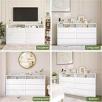 Commode double Dyonery à 6 tiroirs avec prise de courant et lumières LED, grand coffre de rangement avec étagères ouvertes, noir