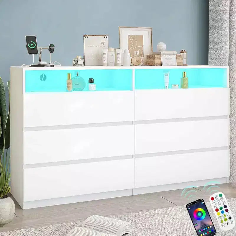 Commode double Dyonery à 6 tiroirs avec prise de courant et lumières LED, grand coffre de rangement avec étagères ouvertes, noir