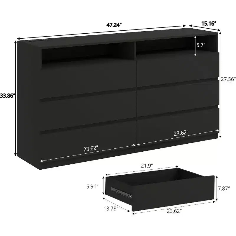 Commode double Dyonery à 6 tiroirs avec prise de courant et lumières LED, grand coffre de rangement avec étagères ouvertes, noir