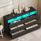 Commode double Dyonery à 6 tiroirs avec prise de courant et lumières LED, grand coffre de rangement avec étagères ouvertes, noir