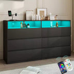 Commode double Dyonery à 6 tiroirs avec prise de courant et lumières LED, grand coffre de rangement avec étagères ouvertes, noir