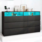 Dyonery 6-Drawer Double Dresser with Power Outlet & LED Lights, Wide Storage Chest with Open Shelving,Black