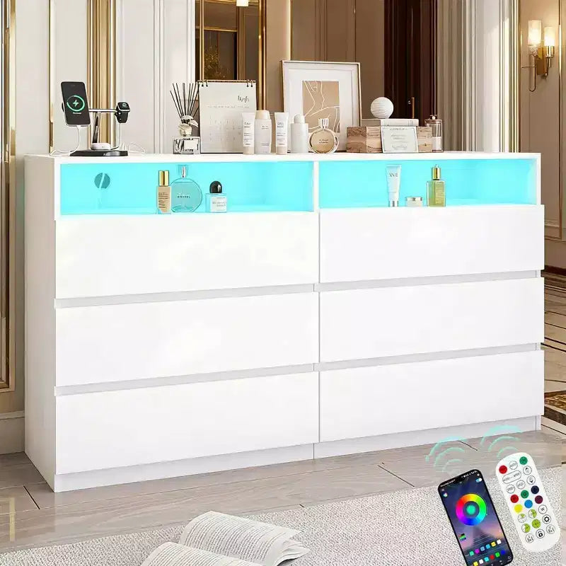 Commode double Dyonery à 6 tiroirs avec prise de courant et lumières LED, grand coffre de rangement avec étagères ouvertes, noir
