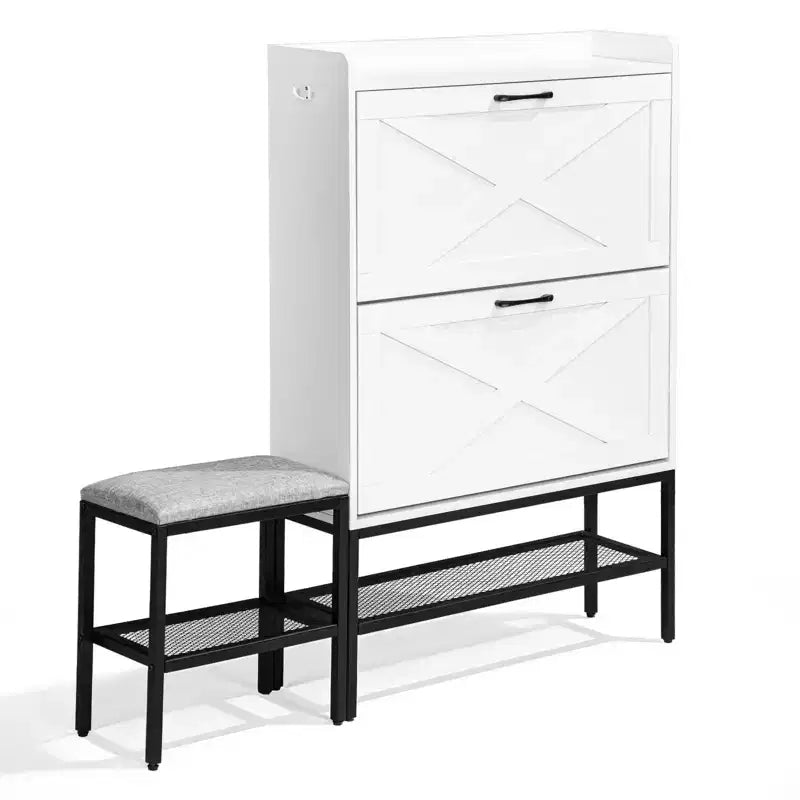 Meuble à chaussures Karl Home 47 W avec porte de grange, pieds en métal maillé et banc rembourré