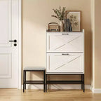 Meuble à chaussures Karl Home 47 W avec porte de grange, pieds en métal maillé et banc rembourré