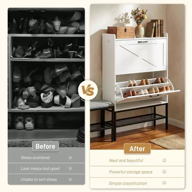Meuble à chaussures Karl Home 47 W avec porte de grange, pieds en métal maillé et banc rembourré
