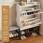 Meuble à chaussures Karl Home 47 W avec porte de grange, pieds en métal maillé et banc rembourré