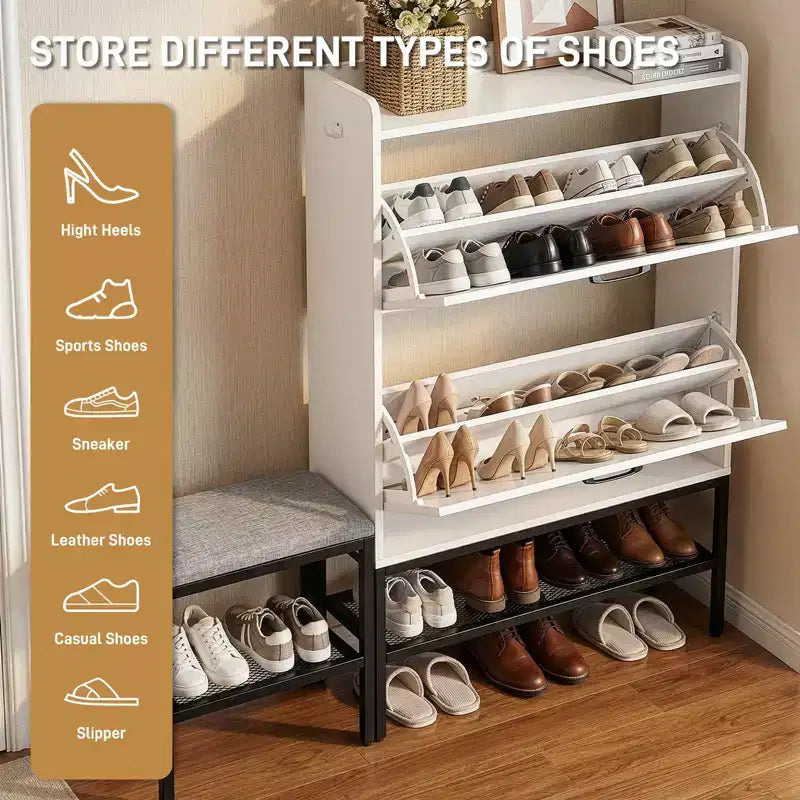 Meuble à chaussures Karl Home 47 W avec porte de grange, pieds en métal maillé et banc rembourré