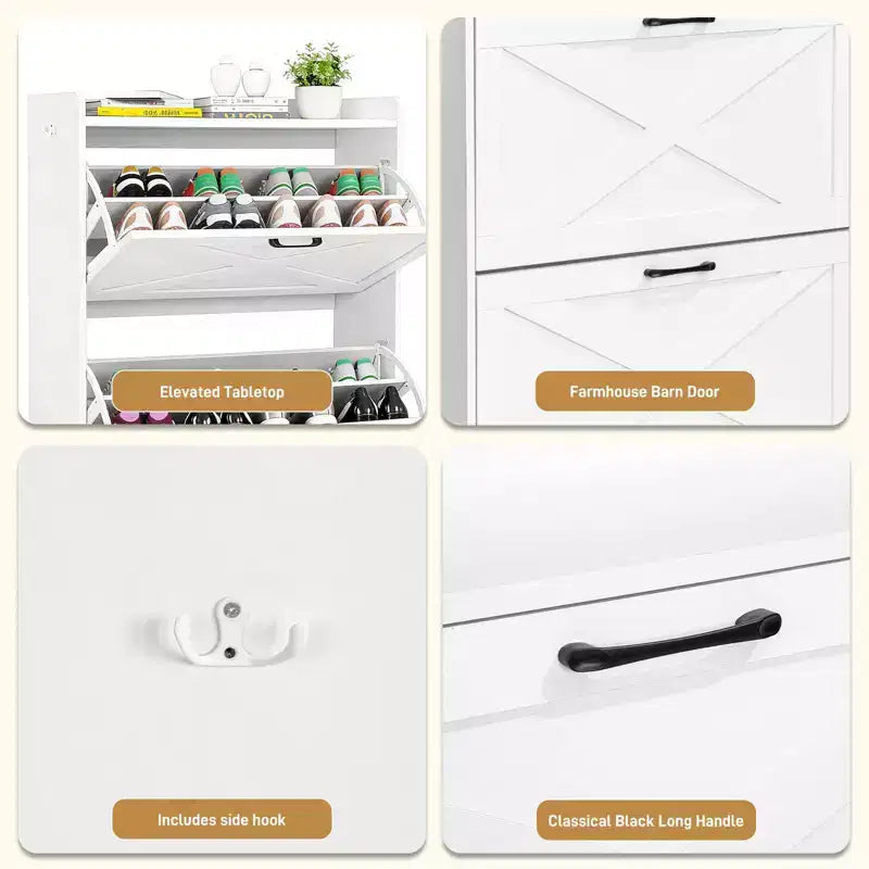 Meuble à chaussures Karl Home 47 W avec porte de grange, pieds en métal maillé et banc rembourré