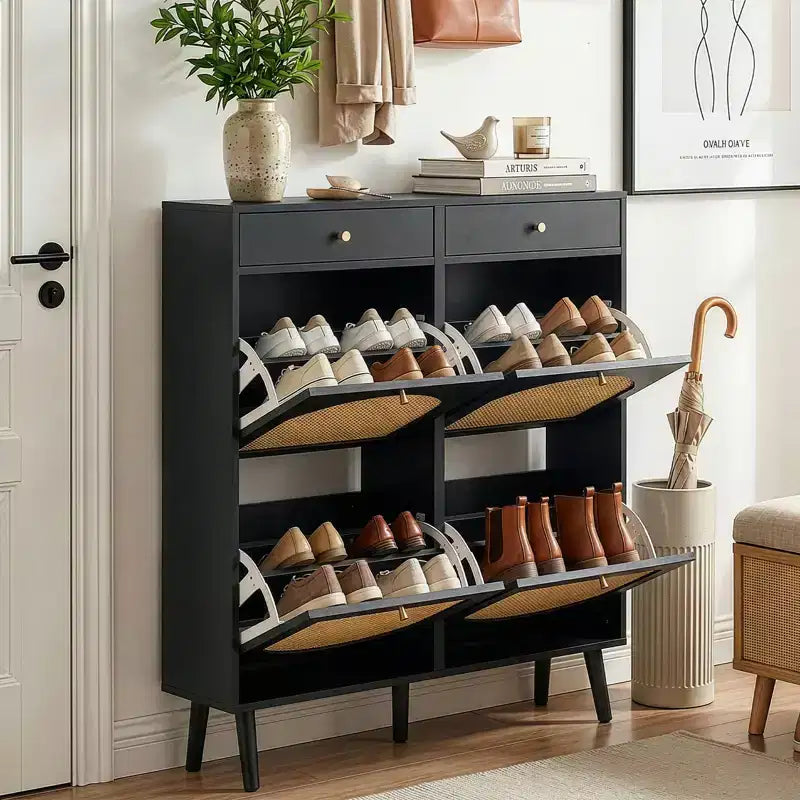 Karl Home Meuble à chaussures en rotin avec 2 tiroirs et 4 compartiments basculants en panneaux de particules 105 cm (L)