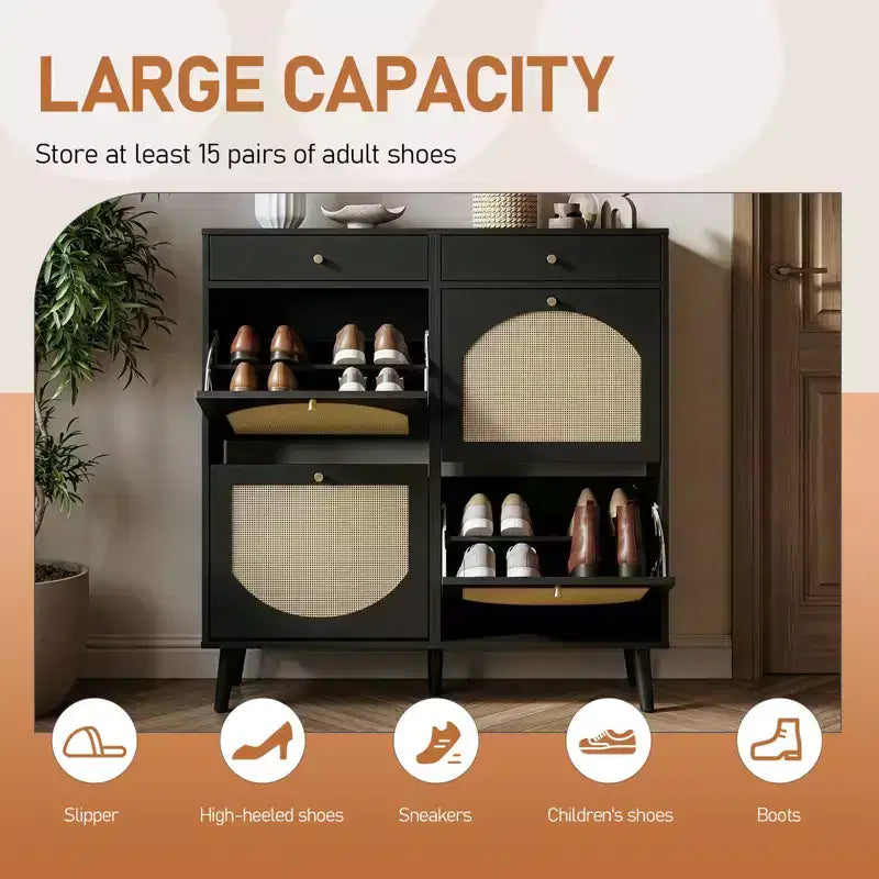Karl Home Meuble à chaussures en rotin avec 2 tiroirs et 4 compartiments basculants en panneaux de particules 105 cm (L)