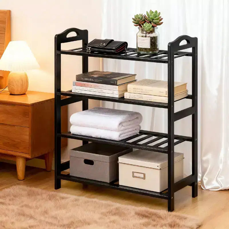 Karl Home Étagère à Chaussures Portable 4 Niveaux en Bambou 12 Lattes Noir 68 cm