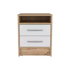 Cette table de chevet Cartiz à deux tiroirs, finition blanc/chêne clair, allie un style contemporain à des solutions de rangement intelligentes, créant ainsi un gain de place.