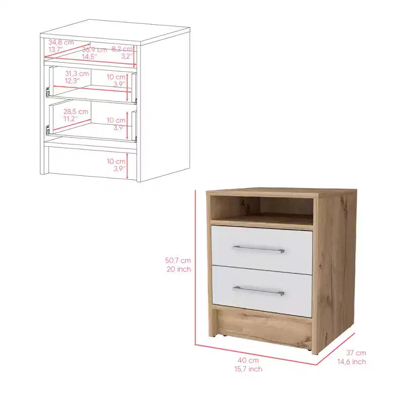 Cette table de chevet Cartiz à deux tiroirs, finition blanc/chêne clair, allie un style contemporain à des solutions de rangement intelligentes, créant ainsi un gain de place.
