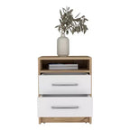 Cette table de chevet Cartiz à deux tiroirs, finition blanc/chêne clair, allie un style contemporain à des solutions de rangement intelligentes, créant ainsi un gain de place.
