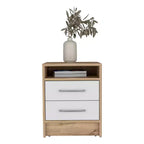 Cette table de chevet Cartiz à deux tiroirs, finition blanc/chêne clair, allie un style contemporain à des solutions de rangement intelligentes, créant ainsi un gain de place.