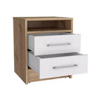 Cette table de chevet Cartiz à deux tiroirs, finition blanc/chêne clair, allie un style contemporain à des solutions de rangement intelligentes, créant ainsi un gain de place.