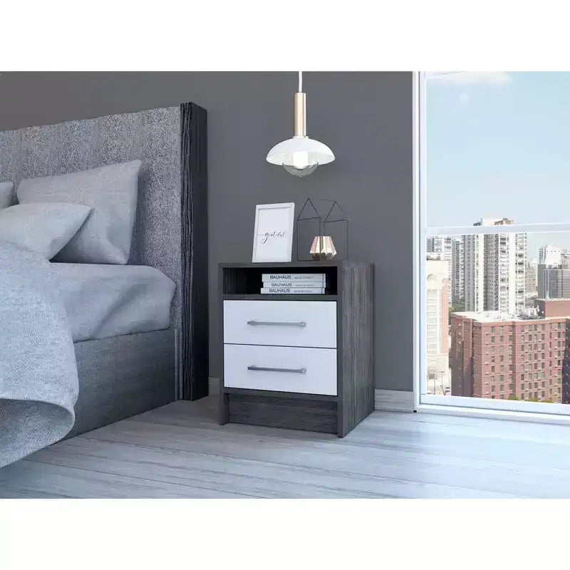 This Eter Nightstand , End Table, Side Table Superior Top, Two Drawers -Smokey Oak / White combines contemporary style with smart storage.