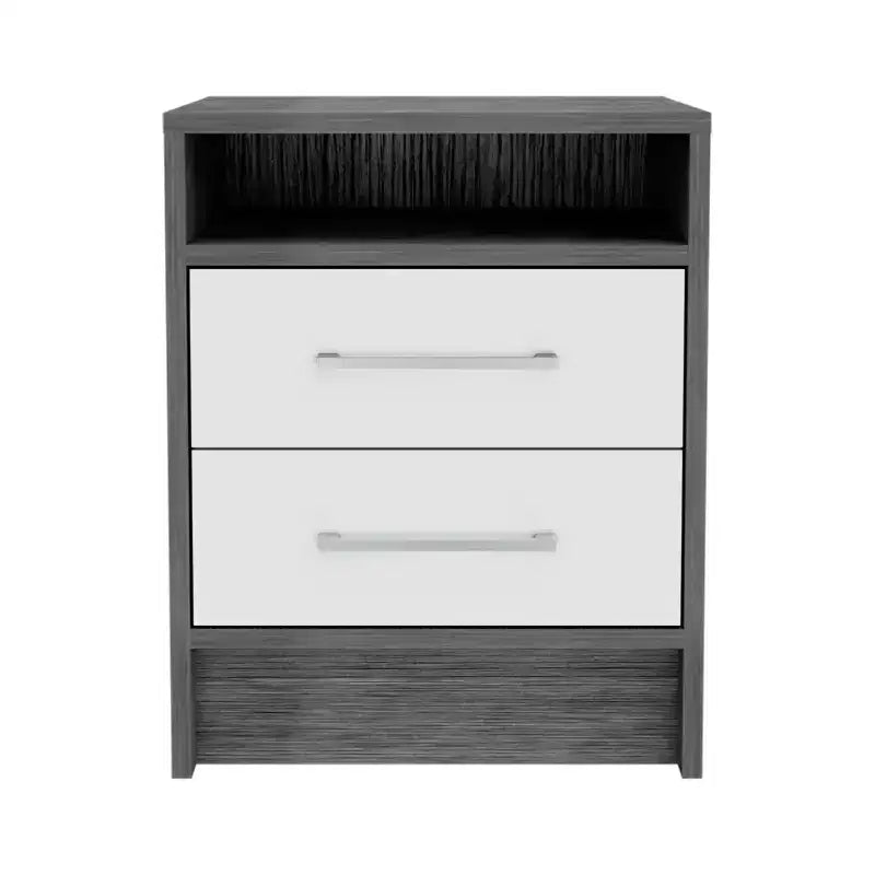 Cette table de chevet, bout de canapé, table d'appoint Eter avec plateau supérieur et deux tiroirs – Chêne fumé/blanc allie style contemporain et rangement astucieux.