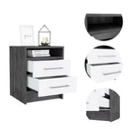 Cette table de chevet, bout de canapé, table d'appoint Eter avec plateau supérieur et deux tiroirs – Chêne fumé/blanc allie style contemporain et rangement astucieux.