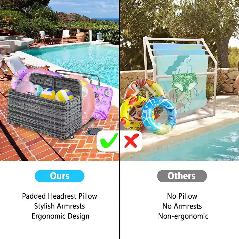 Rangement flottant pour piscine extérieure avec roues, panier organisateur de piscine en rotin PE imperméable, bac de rangement roulant pour patio, chariot de rangement de piscine en osier durable