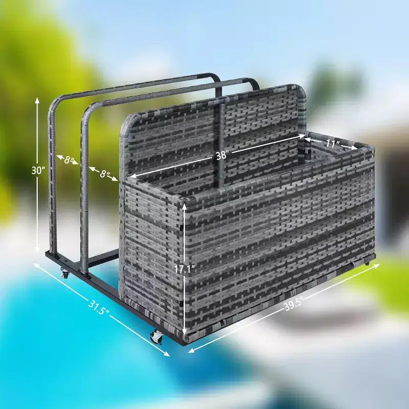 Rangement flottant pour piscine extérieure avec roues, panier organisateur de piscine en rotin PE imperméable, bac de rangement roulant pour patio, chariot de rangement de piscine en osier durable