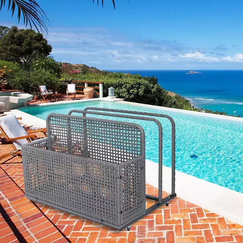 Rangement flottant pour piscine extérieure avec roues, panier organisateur de piscine en rotin PE imperméable, bac de rangement roulant pour patio, chariot de rangement de piscine en osier durable