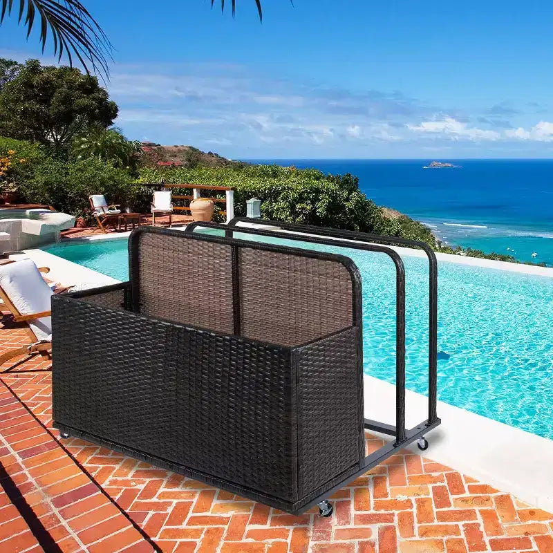 Rangement flottant pour piscine extérieure avec roues, panier organisateur de piscine en rotin PE imperméable, bac de rangement roulant pour patio, chariot de rangement de piscine en osier durable