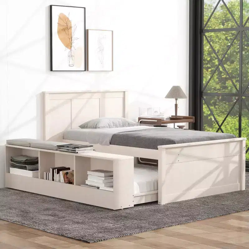 Cadre de lit plateforme en bois double/complet avec lit gigogne et armoire de rangement pour chambre, salon - ModernLuxe