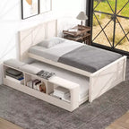 Twin/Full Size Wood Platform Bed Frame with Pull Out Trundle & Storage Cabinet for Bedroom, Living Room - ModernLuxe