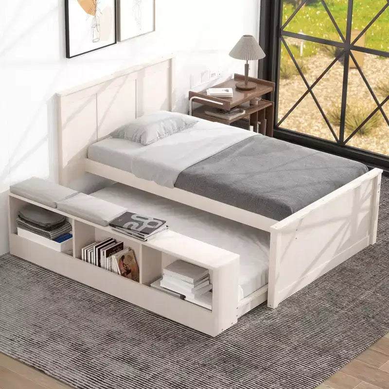 Twin/Full Size Wood Platform Bed Frame with Pull Out Trundle & Storage Cabinet for Bedroom, Living Room - ModernLuxe