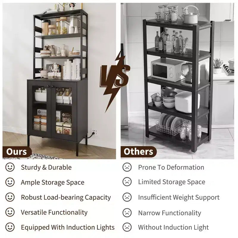 Étagère de boulanger de 170 cm avec rangement, armoire de bar à café de ferme, support à micro-ondes avec étagères réglables pour cuisine salle à manger