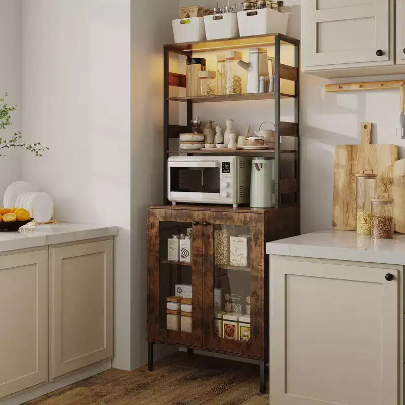 Étagère de boulanger de 170 cm avec rangement, armoire de bar à café de ferme, support à micro-ondes avec étagères réglables pour cuisine salle à manger