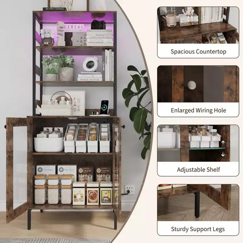 Étagère de boulanger de 170 cm avec rangement, armoire de bar à café de ferme, support à micro-ondes avec étagères réglables pour cuisine salle à manger